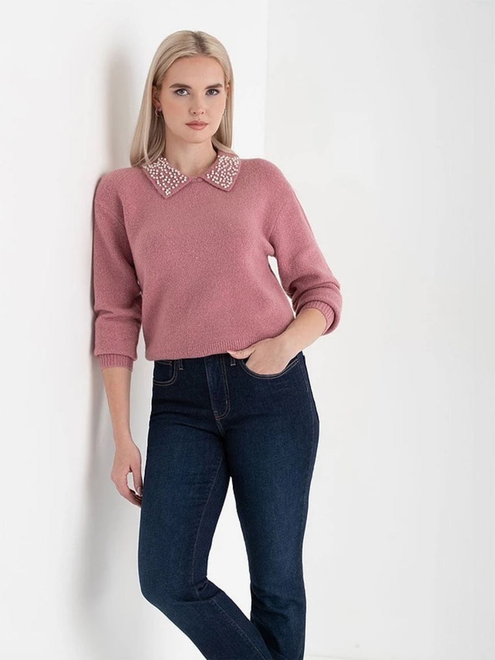 Ricki's NWT Pink Rose Pearl Beaded Collar Cozy Pullover Sweater Size XL